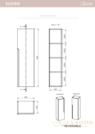 пенал 34.5 см visobath eleven 85657/ceniza 2 распашные двери, пепельный матовый лак (ceniza)